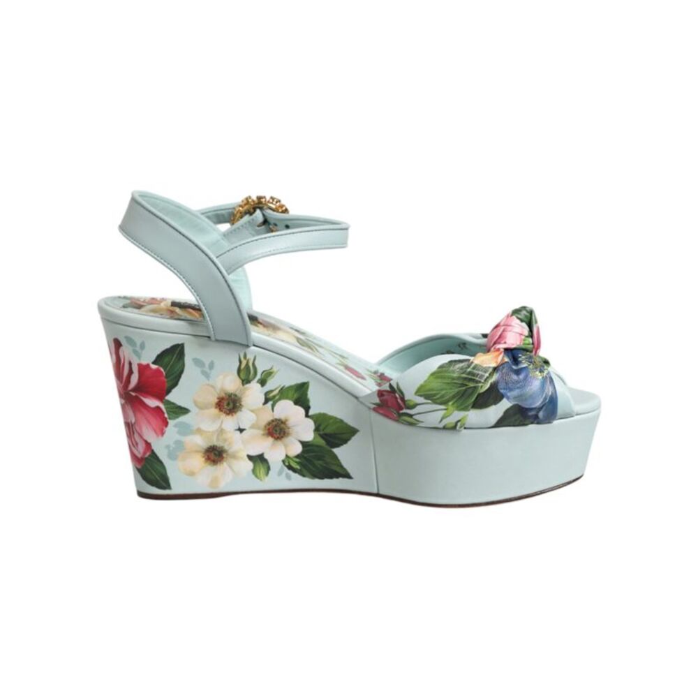 Dolce & Gabbana Green Floral Ankle Strap Wedge Sandals Women's Shoes